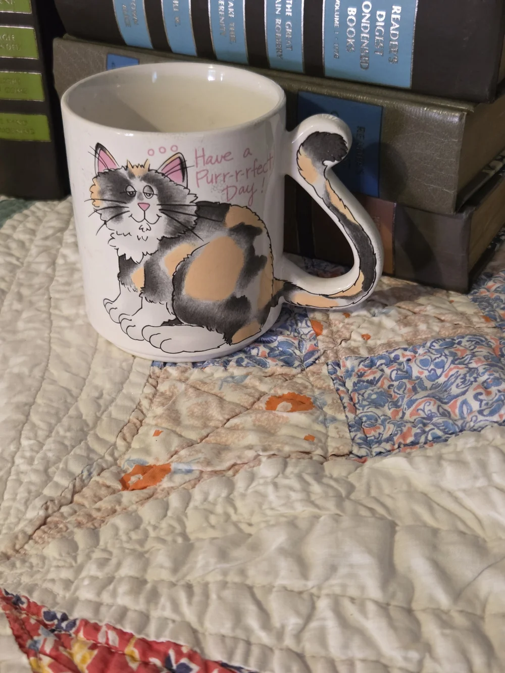 Vintage cat mug with tail handle cute Cottagecore grandma fun
